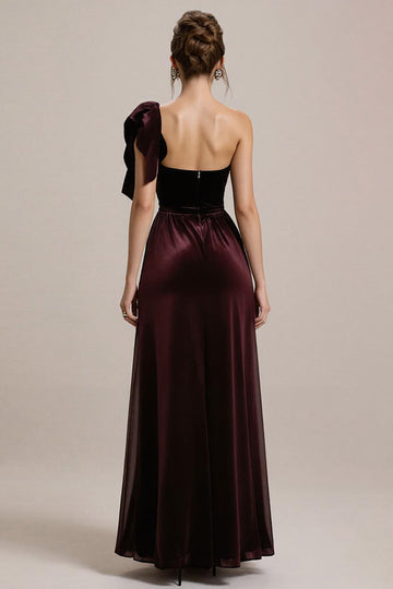 Sparkly Burgundy Velvet One Shoulder Sheath Long Formal Dress with Ruffles